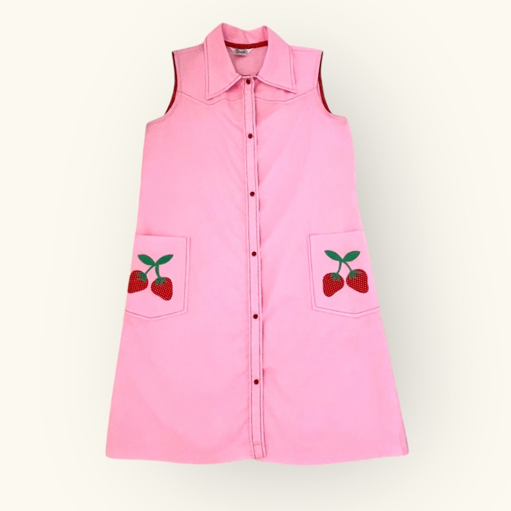Vintage Danielle Pink Strawberry Patch Sleeveless Mod Vintage House Dress Robe - Picture 2 of 16
